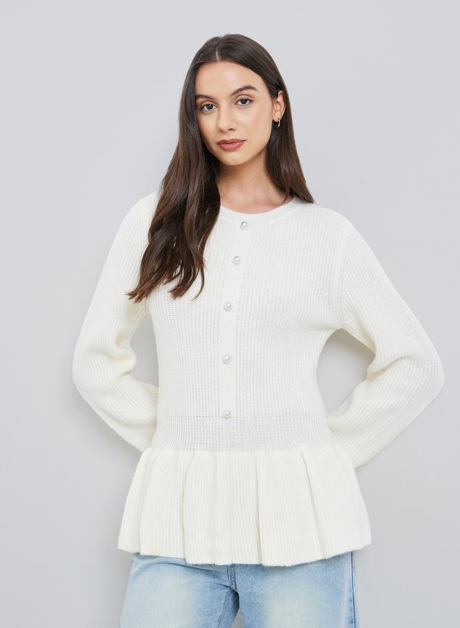 Take Two Solid Button Front Ruffled Hem Sweater - Image 1