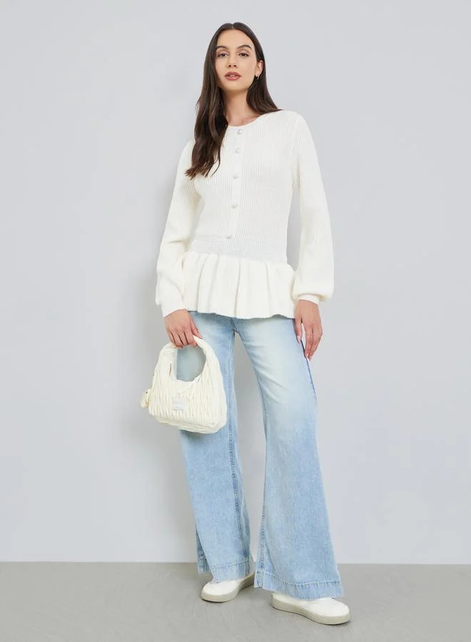 Take Two Solid Button Front Ruffled Hem Sweater