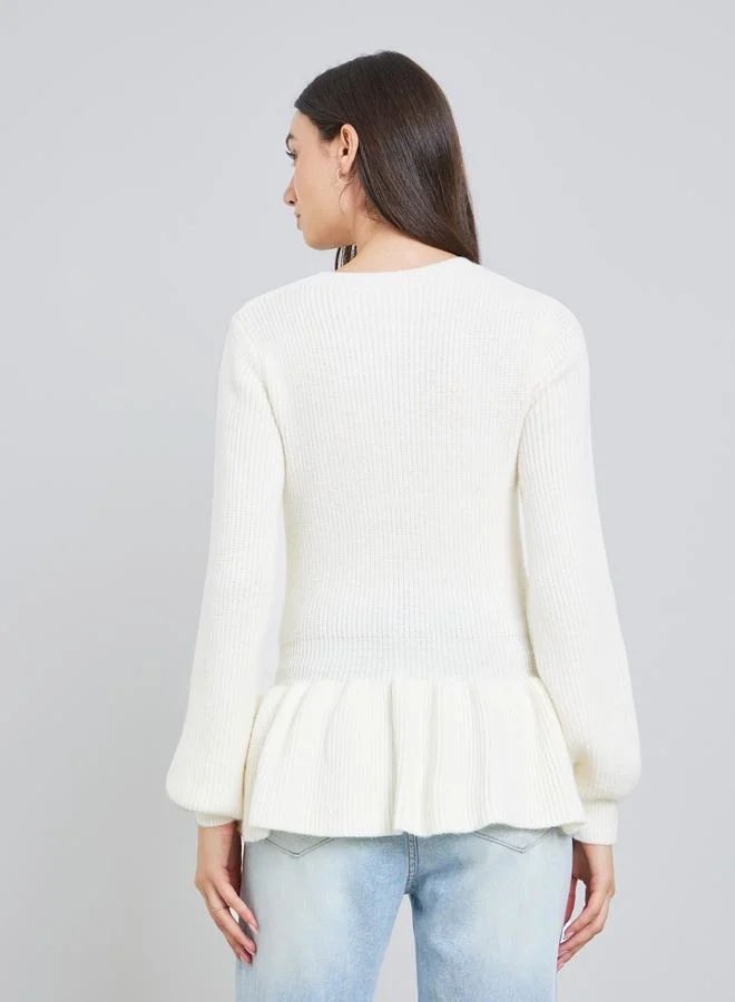 Take Two Solid Button Front Ruffled Hem Sweater