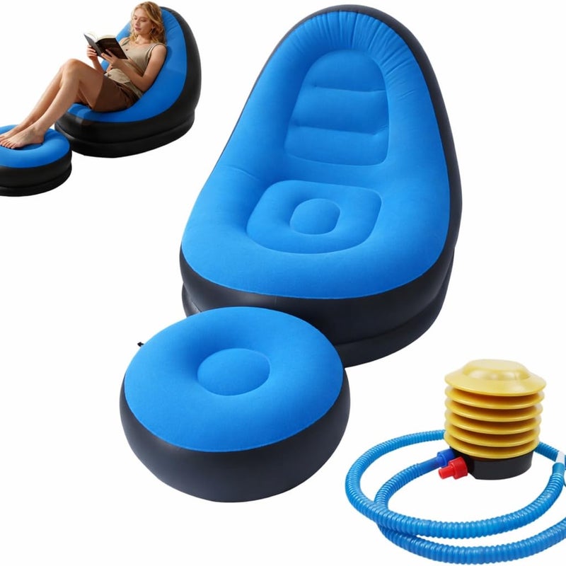 Inflatable Chair with Ottoman for Adults Folding Portable Lazy Sofa with Foot Stool for Camping,Gaming Inflatable Couch for Adults with Flocked Surface with Pump and repair patches (Blue) - Image 1