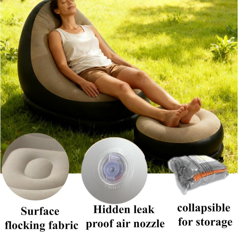 Inflatable Chair with Ottoman for Adults Folding Portable Lazy Sofa with Foot Stool for Camping,Gaming Inflatable Couch for Adults with Flocked Surface with Pump and repair patches (Blue) - Image 3