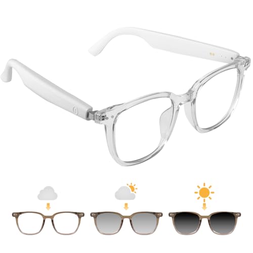 Tulbeys Smart Glasses for Women Men, Bluetooth Glasses with Photochromic Lenses Touch Control Voice Assistant for Clear Audio Remote Photography, Transparent frame and white legs, Perfect for Indoor Outdoor - Image 1