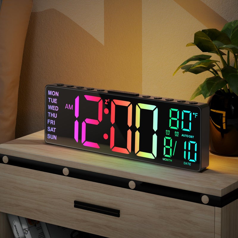 JALL 105 Digital Large Alarm Clock with 8in1 RGB Colors Date Month Temperature LED Auto DST Modern for Desk Wall Living Room Bedroom Birthday Xmas Gift Black 105 inches
