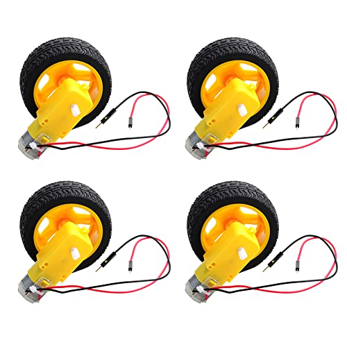 DIYmall TT Motor with Leads DC 3-6V Gearbox Motor 1:48 200RPM Tire Wheel for Arduino Smart Car 2Pin Male Connector Wire (4, 4motor+4wheel) - Image 1