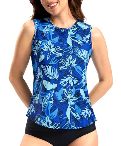 SANTINY Sleeveless Rash Guard for Women UPF 50 Modest Swimsuit Quick Dry High Neck Bathing Suit Swim Top Swim Tank Blue Leaf_M - Image 1