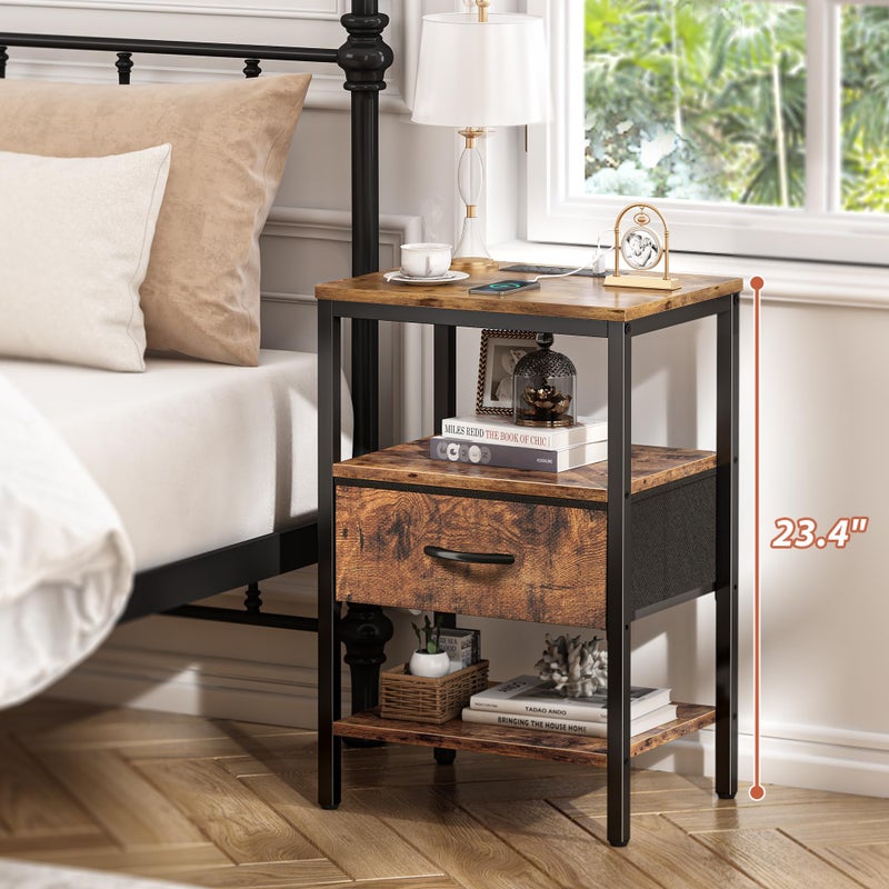 SUPERJARE Nightstand with Charging Station, Bed Side Table with Adjustable Fabric Drawer, Night Stand for Bedroom, 3-Tier Storage End Table, for Living Room, Rustic Brown - Image 2