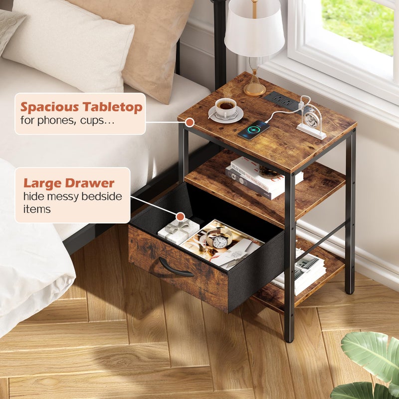 SUPERJARE Nightstand with Charging Station, Bed Side Table with Adjustable Fabric Drawer, Night Stand for Bedroom, 3-Tier Storage End Table, for Living Room, Rustic Brown - Image 5