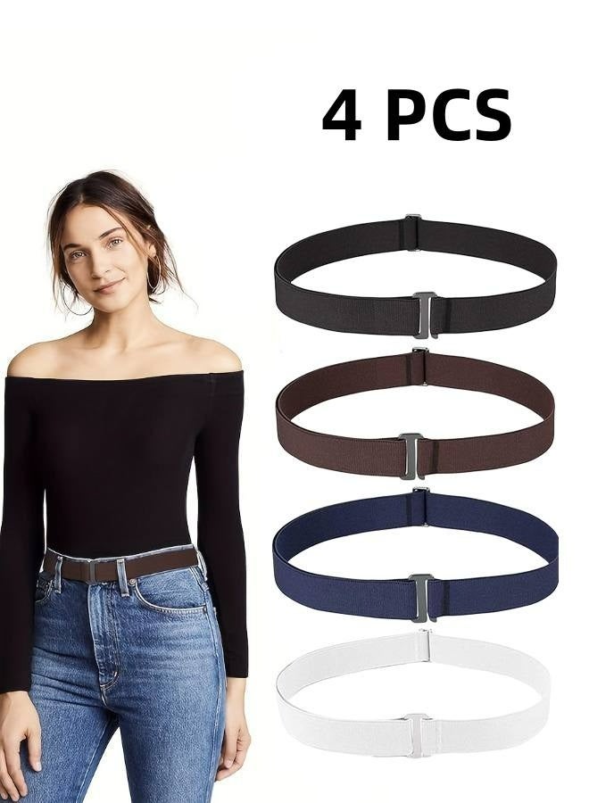 4Pcs Women Elastic Stretch Belts, Men No Buckle Elastic Waist Belt, Invisible Belts with Flat Buckle for Jeans Pants Dresses, No Bulge - Image 1