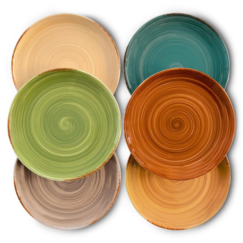 MORA Ceramic Helix Swirl Salad Plates Set of 6, 8in Spiral Porcelain Dish for Kitchen, Small Dinner, Lunch, Appetizer, Dessert, etc - Dishwasher, Microwave, Freezer, Oven Safe Dishware - Earth Colors - Image 1