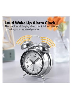 Arabest Loud Alarm Clock for Heavy Sleepers Adults, Retro 4 Inch Silent Non-Ticking Quartz with Backlight,Twin Bell Analog Kids Alarm Clocks for Bedrooms Bedside (Grey)  - Image 4
