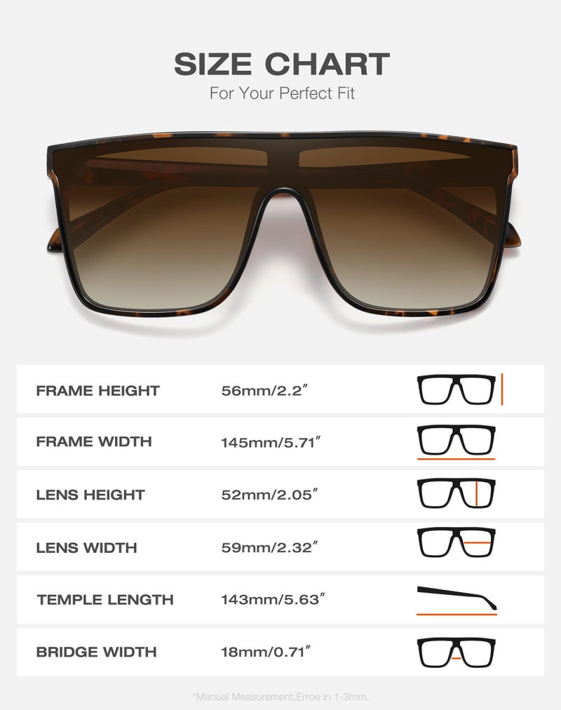 Fozono Trendy Square Oversized Sunglasses for Women Men Retro Flat Top Shield Sun Glasses UV Protection Once Piece Lens Tortoise Frame/Brown Lens - Image 5