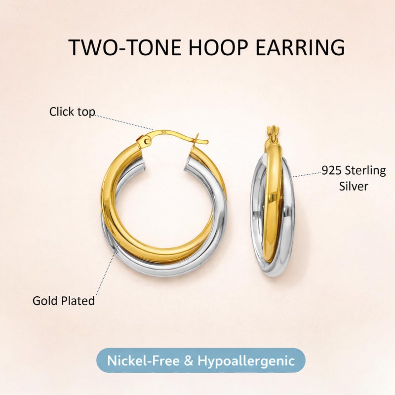 LeCalla Sterling Silver Hoop Earrings Jewelry 14K Gold Plated Two-Tone Intertwining Round Shape Click-Top Chunky Hoops Earring for Women - 28mm - Image 4