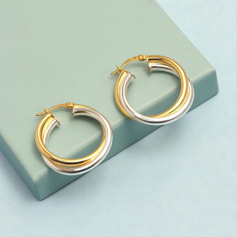 LeCalla Sterling Silver Hoop Earrings Jewelry 14K Gold Plated Two-Tone Intertwining Round Shape Click-Top Chunky Hoops Earring for Women - 28mm - Image 5