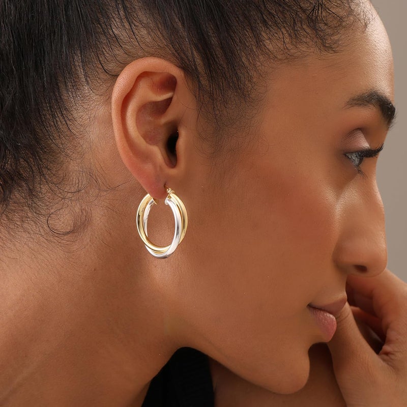 LeCalla Sterling Silver Hoop Earrings Jewelry 14K Gold Plated Two-Tone Intertwining Round Shape Click-Top Chunky Hoops Earring for Women - 28mm - Image 2