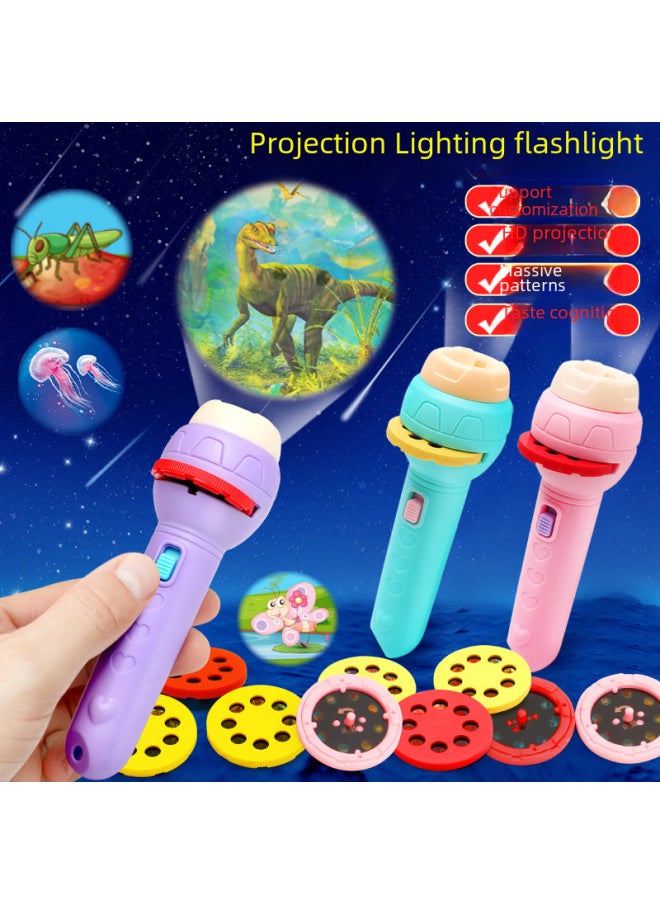 Generic - Mini Cartoon Projection Children's Flashlight Early Education Animal Baby Stall Toy Projection Machine Toy Stall-Color:Figure 56 Projection Flashlight-Pink - Image 1