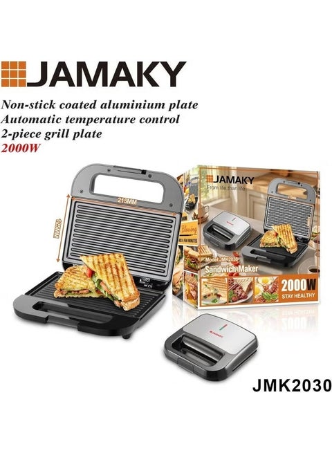 Jamaki 2000W Sandwich Maker, Non-stick Aluminum Plates, Heat Insulating Stainless Steel Plate, Automatic Temperature Control, Model JMK2030