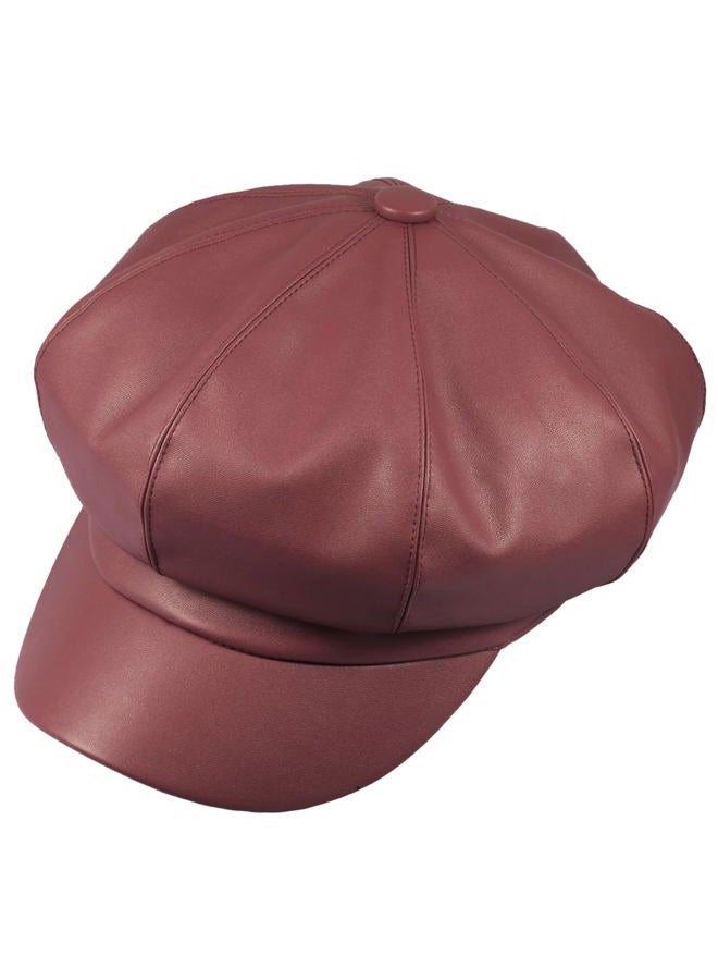 moonsix Newsboy Hat,Plain Cabbie Visor Beret Gatsby Ivy Caps for Women, B-red(pu Leather Style 2), One size - Image 2