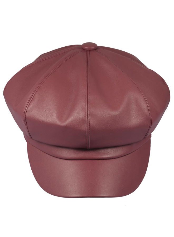 moonsix Newsboy Hat,Plain Cabbie Visor Beret Gatsby Ivy Caps for Women, B-red(pu Leather Style 2), One size - Image 1