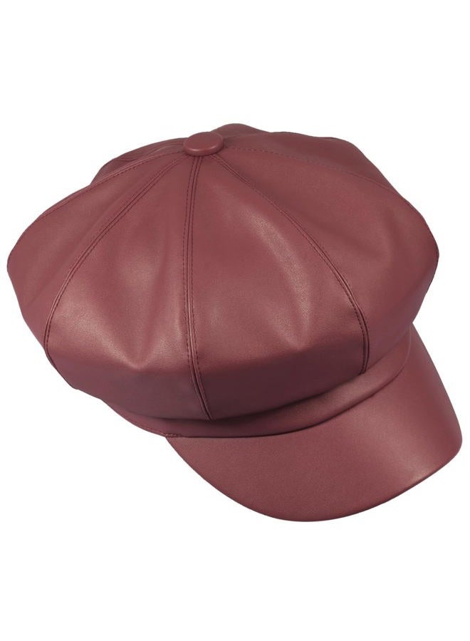 moonsix Newsboy Hat,Plain Cabbie Visor Beret Gatsby Ivy Caps for Women, B-red(pu Leather Style 2), One size - Image 3