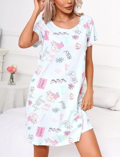 PNAEONG Women's Nightgowns Short Sleeves Cotton Sleepwear Print Sleep Shirt XTSY108-Blue Cat-S - Image 3