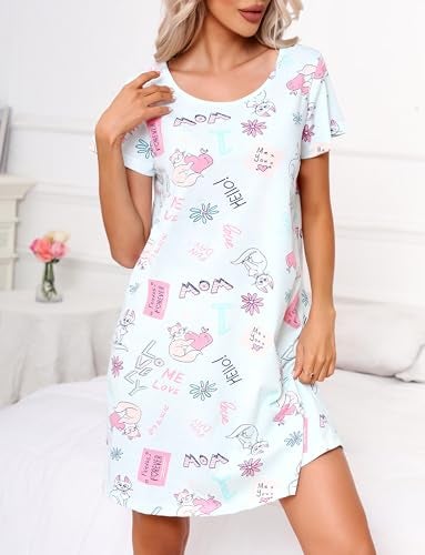 PNAEONG Women's Nightgowns Short Sleeves Cotton Sleepwear Print Sleep Shirt XTSY108-Blue Cat-S - Image 2
