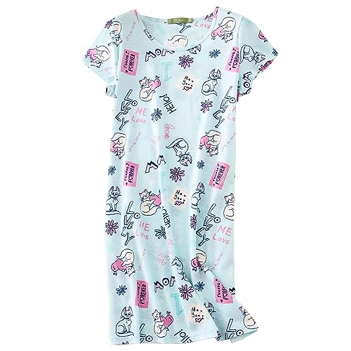 PNAEONG Women's Nightgowns Short Sleeves Cotton Sleepwear Print Sleep Shirt XTSY108-Blue Cat-S - Image 1