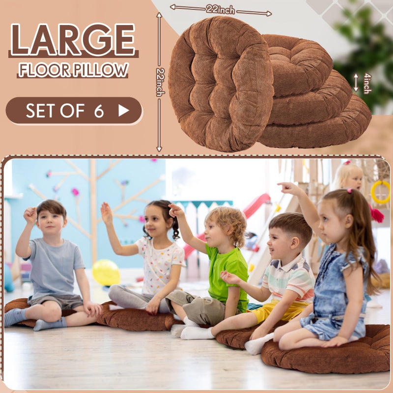 Jerify 6 Pcs Floor Pillow Cushions 22 x 22 Inch Round Square Large Meditation Floor Pillow for Classroom Adult Meditation Picnic Party Seating Learning Daycare School (Round,Brown) - Image 2
