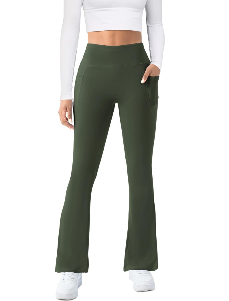 COPYLEAF Womens Yoga Pants with Pockets High Waisted Flare Leggings Bell Bottom Yoga Dress Pants Seamless Bootcut Pants(Olive Green XL) - Image 2