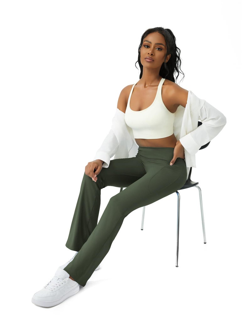 COPYLEAF Womens Yoga Pants with Pockets High Waisted Flare Leggings Bell Bottom Yoga Dress Pants Seamless Bootcut Pants(Olive Green XL) - Image 3
