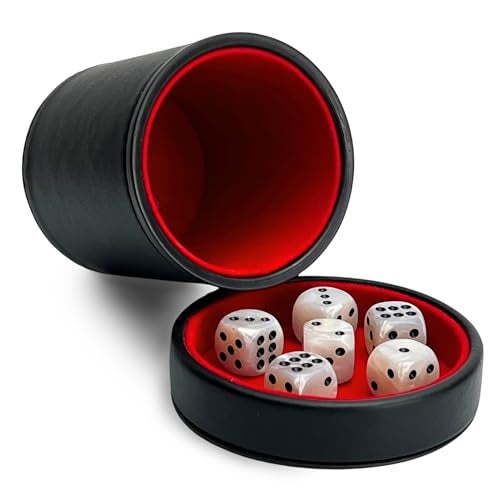 Luck Lab Black Leather Dice Cup with Lid Including 6 Matching Pearl Dice Red Velvet Interior for Quiet Shaking Use for Liars Dice Farkle Yahtzee Board Games - Image 1