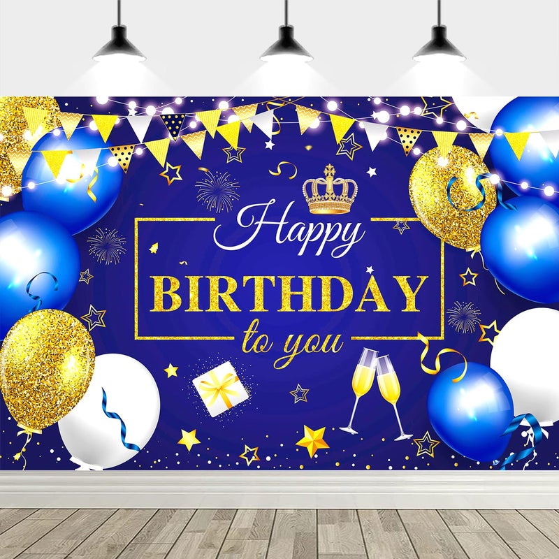YinQin 180x120 cm Royal Navy Gold Happy Birthday Party Photography Backgrounds Backdrops Cloth 71x47 inch Glitter Navy Blue Golden Happy Birthday Sign Banners Decorations Supplies for Women Men - Image 1
