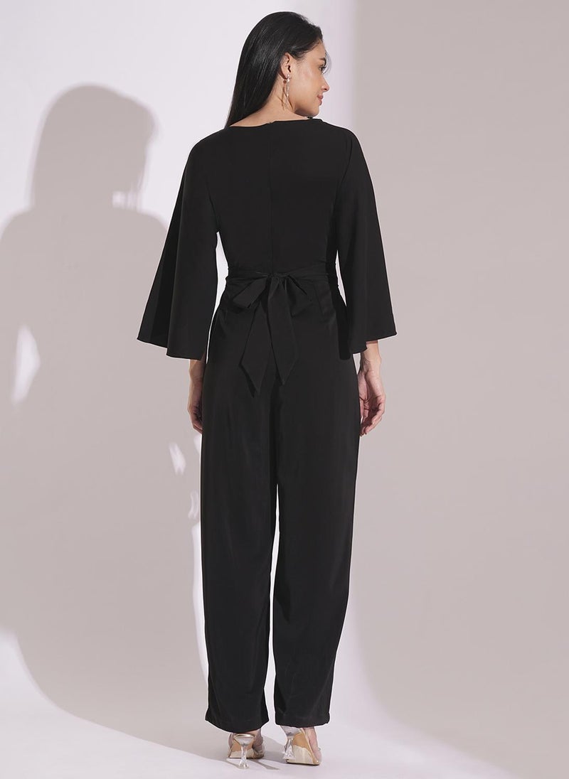 Globus Women's Black Party Jumpsuit with Boat Neck Cape Sleeves and Waist Tie Up - Image 4
