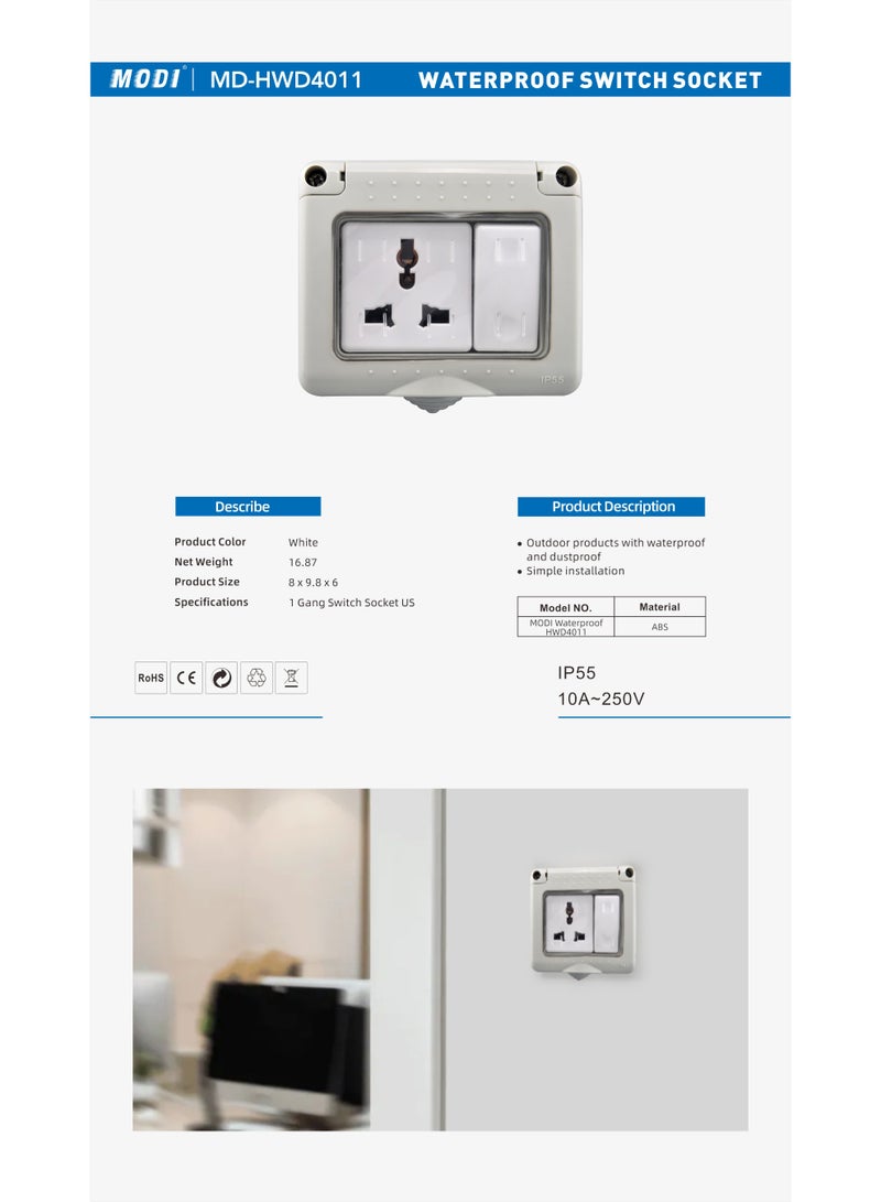MODI Waterproof Wall Socket with Switch – Outdoor 1 Gang Universal Plug, IP55 Dust & Water Resistant, 10A 250V, Durable ABS Cover - Image 3