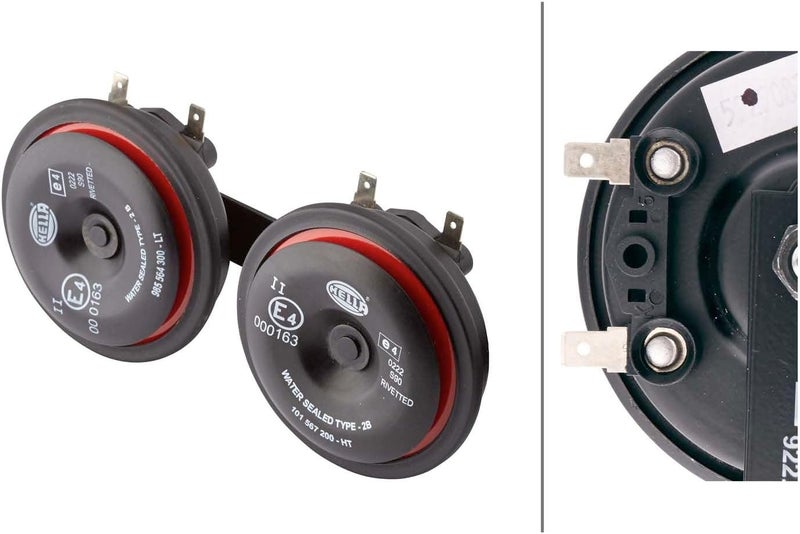 HELLA Horn Style Horn S90 Set 12 V 111 dB(A) Frequency Range: 350/415 Hz Tweet/Low Frequency Electric ECE Housing Colour: Red/Black Blade Connector Quantity: 2 – 3AM 922 000-971 - Image 2