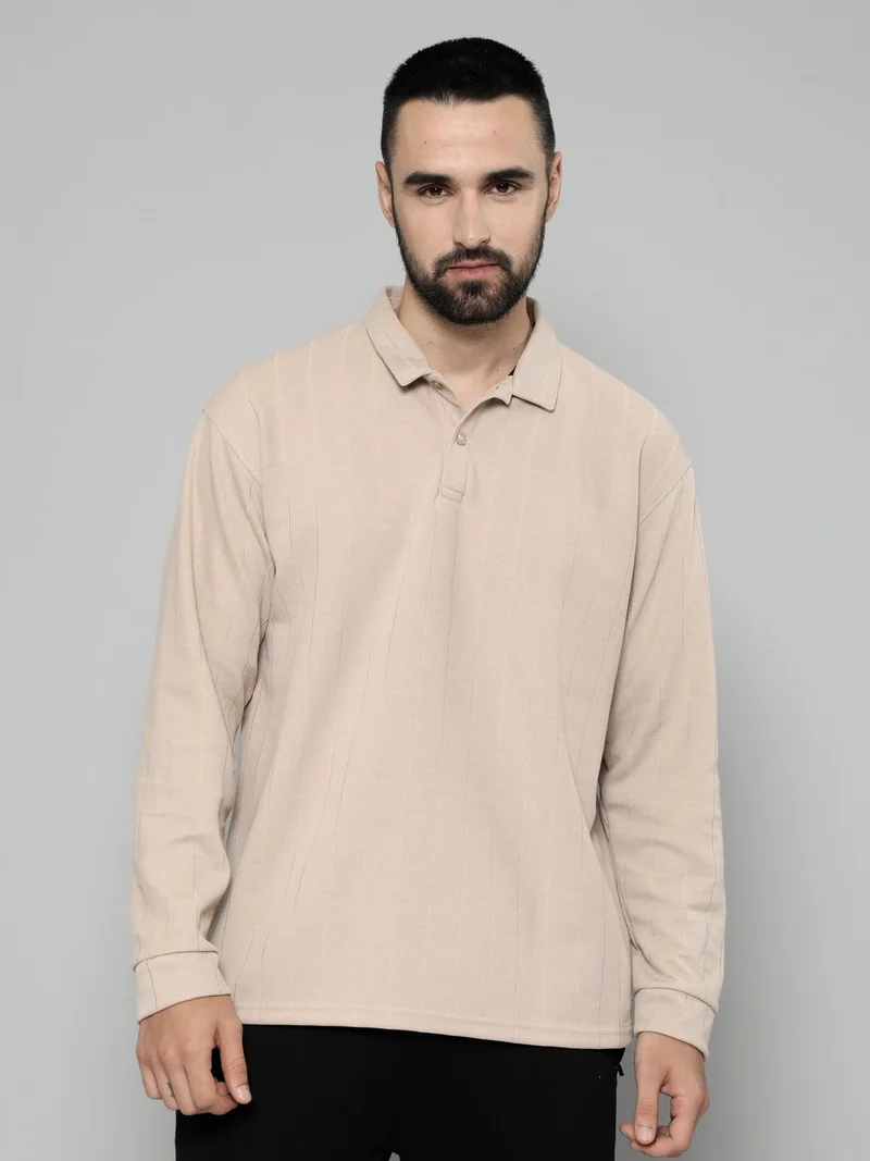 Maniac Maniac Mens Solid Full Sleeve Polo Neck Beige Cotton Oversized T-Shirt