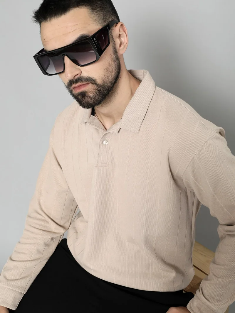 Maniac Maniac Mens Solid Full Sleeve Polo Neck Beige Cotton Oversized T-Shirt