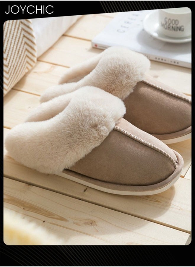 Joychic - Womens Winter Flat Bedroom Slippers Memory Foam Slippers Fluffy Slippers Warm Soft House Slippers for Women Non-Slip Indoor Outdoor Khaki - Image 1