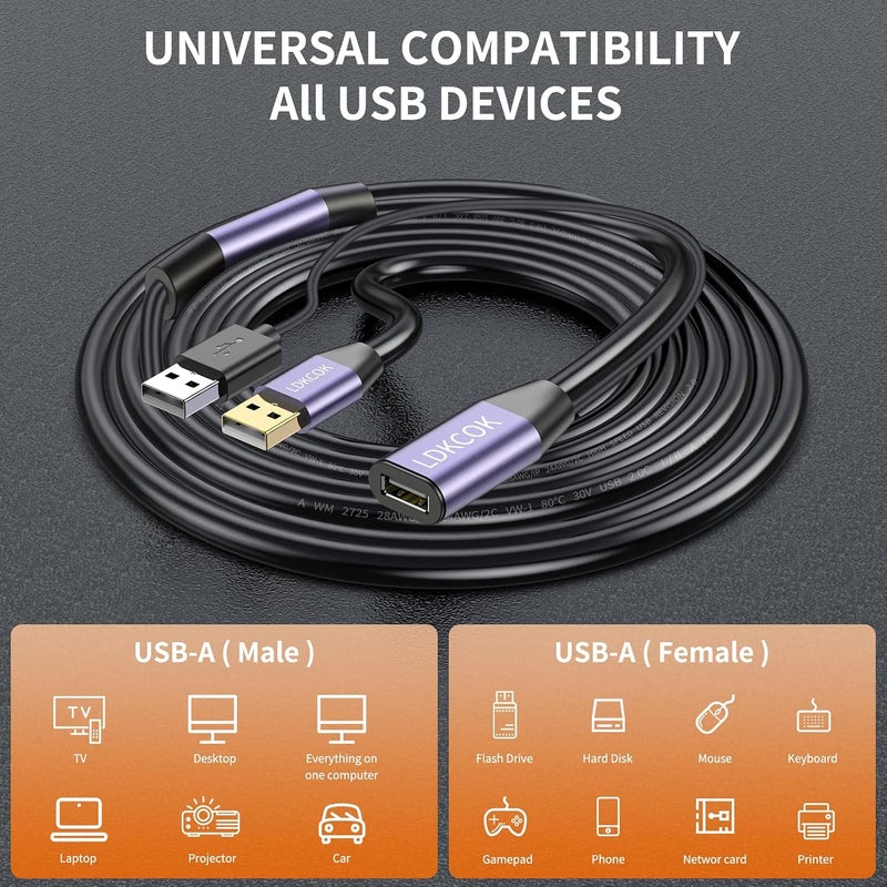 كابل تمديد نشط من USB 2.0 من نوع A ذكر إلى أنثى بطول 50 قدم، سرعة عالية 480 ميجابت في الثانية - Image 2
