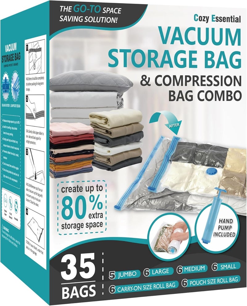 Cozy Essential Vacuum Storage Bags, 80% Compression Vacuum Seal Space Saver Plastic Packaging Bags for Clothes, Blankets, Pillow, Bedding, Comforters, Sealer Clothing Storage,35 Combo - Image 1