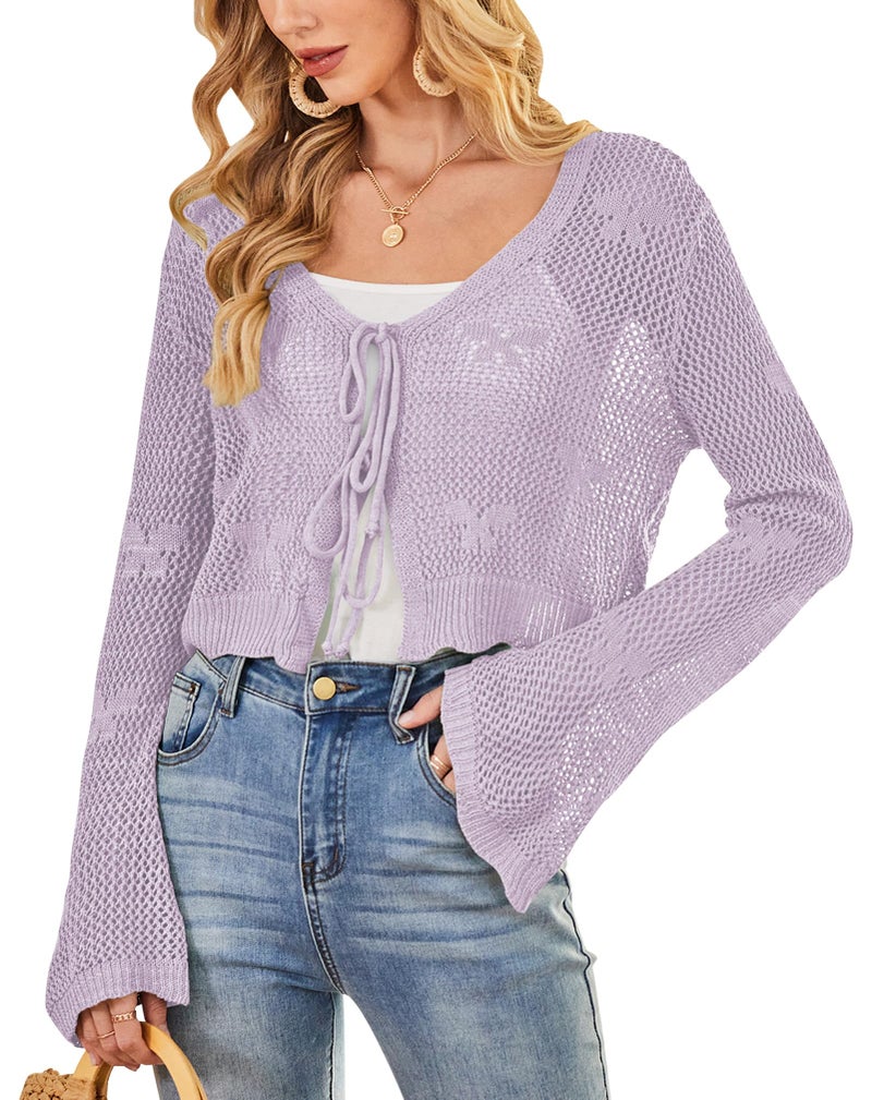 Balimtoy Womens Tie Front Cardigan Crochet Sweater Crop Tops Cute Bell Long Sleeve Knit Shrug Summer Beach Cover Ups Purple S - Image 1