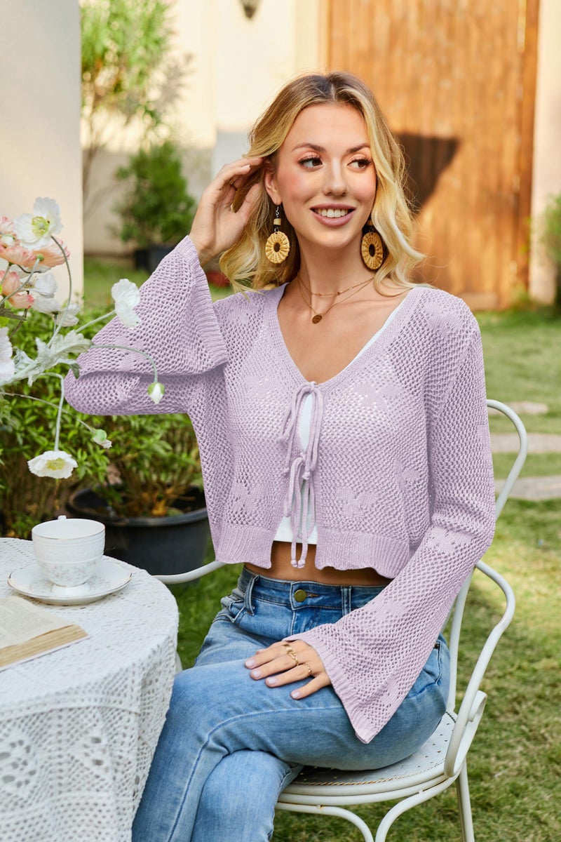 Balimtoy Womens Tie Front Cardigan Crochet Sweater Crop Tops Cute Bell Long Sleeve Knit Shrug Summer Beach Cover Ups Purple S - Image 5