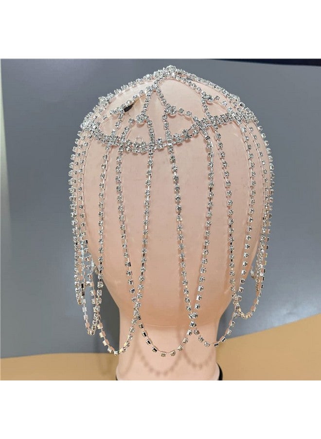 Xerling Rhinestones Tassel Cap Headpiece 1920S Flapper Head Chain Bridal Hair Accessories Silver Crystal Cleopatra Head Jewelry For Women (Type D Silver) - Image 3