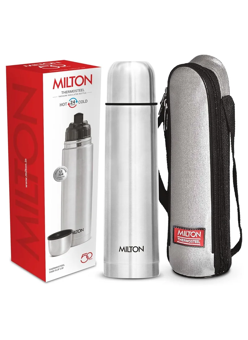 ميلتون MILTON 1000ml Thermosteel Flask with Jacket, Keeps Drinks Hot and Cold for 24 Hours, 18/8 Stainless Steel, Double-Walled Vacuum Insulated Water Bottle with Inner Copper Coating - Flip Lid - Silver