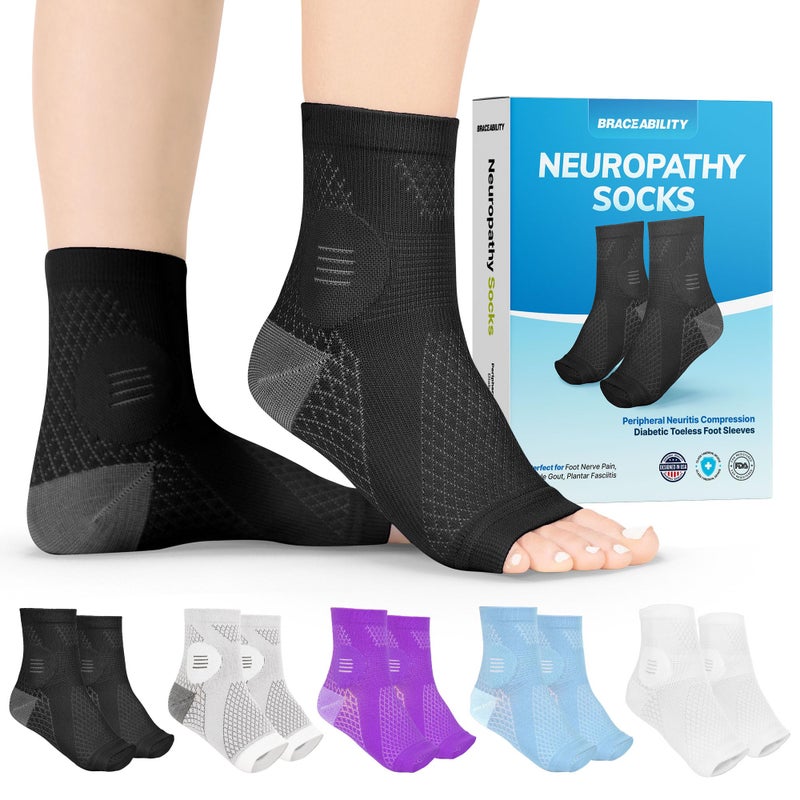 BraceAbility Neuropathy Socks Pair Peripheral Neuritis Compression Diabetic Toeless Foot Sleeves for Nerve Damage Pain in Feet Ankle Gout Plantar Fasciitis Relief Brace for Men and Women XL Black