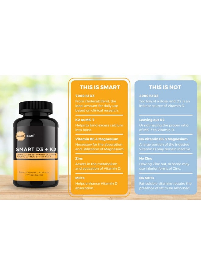 Generic smart HEALTH - Vitamin D3 + K2 - Bone Health & Immune Support - 7000 IU(175 MCG)D3 + 500 MCG K2 - Cofactors B6, Magnesium & Zinc - Gluten Free, Vegan, Non-GMO - Dietary Supplement - 30 Veggie Capsules  - Image 3