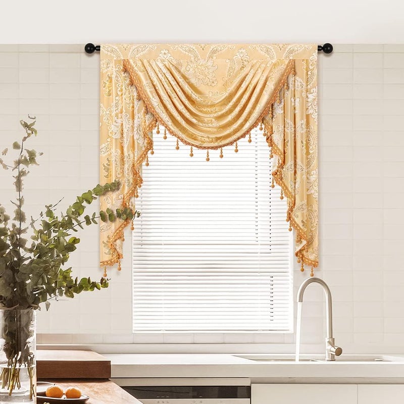ELKCA Damask Golden Jacquard Single Swag Waterfall Valance for Kitchen Living Room Rod Pocket Valance for Small Window39Inch1 Panel - Image 1