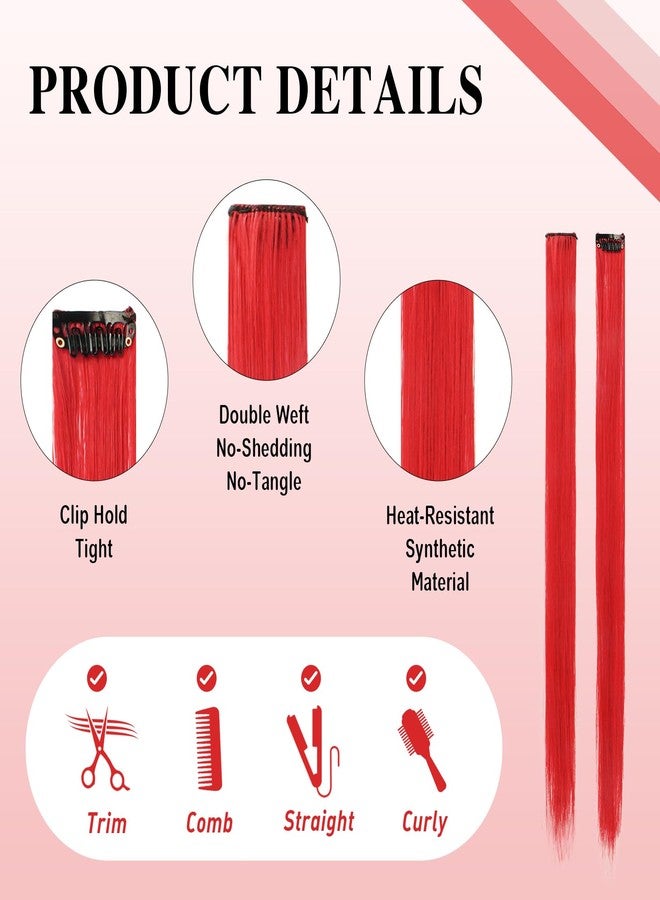 SOFEIYAN 10 Pcs Colored Hair Extensions Party Highlights Colorful Clip in Hair Extensions 22 Inch Straight Synthetic Hairpieces for Women Kids Girls Halloween Christmas Cosplay, 10pcs Red - Image 3