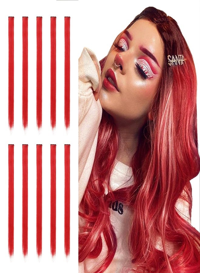 SOFEIYAN 10 Pcs Colored Hair Extensions Party Highlights Colorful Clip in Hair Extensions 22 Inch Straight Synthetic Hairpieces for Women Kids Girls Halloween Christmas Cosplay, 10pcs Red - Image 1
