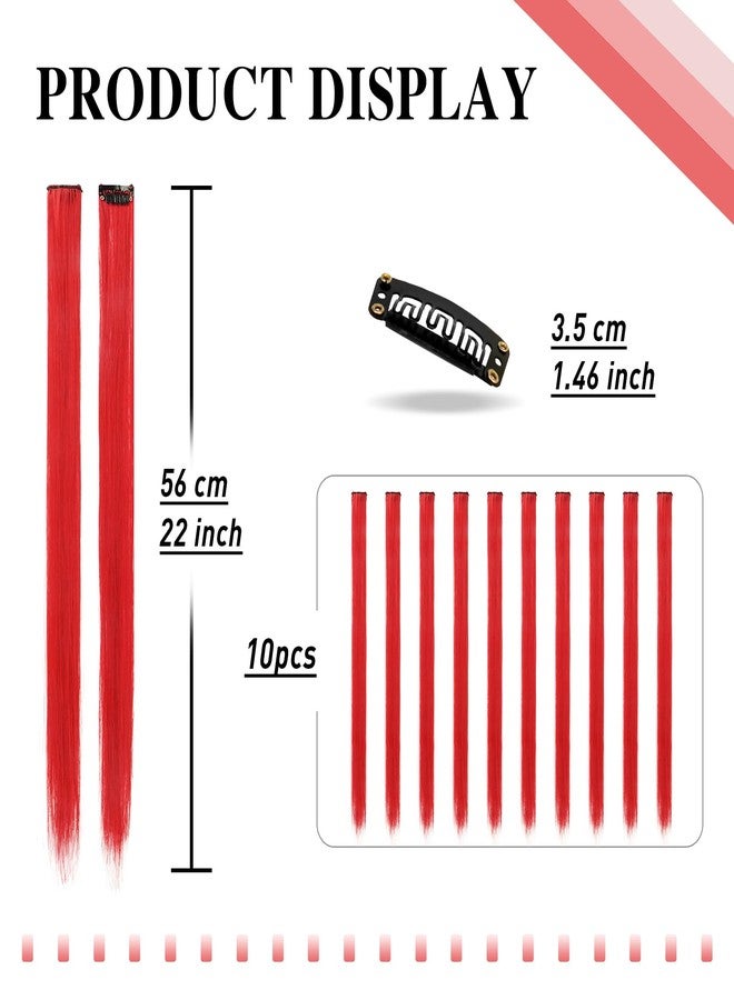 SOFEIYAN 10 Pcs Colored Hair Extensions Party Highlights Colorful Clip in Hair Extensions 22 Inch Straight Synthetic Hairpieces for Women Kids Girls Halloween Christmas Cosplay, 10pcs Red - Image 2