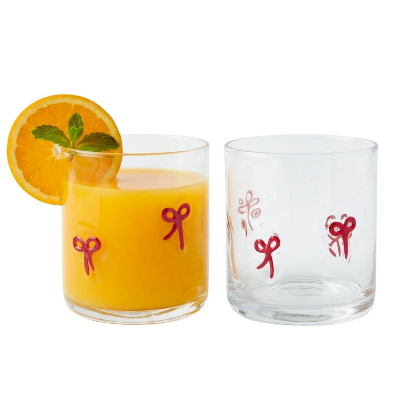 Khen 2 Pack Coquette Bow Icon Juice Glass Coquette Bow Aesthetic Cup 15 ounce Double Old Fashioned Icon Handblown Cocktail glasses for Women Friend Party, Bridal Shower Gifts (Red) - Image 1
